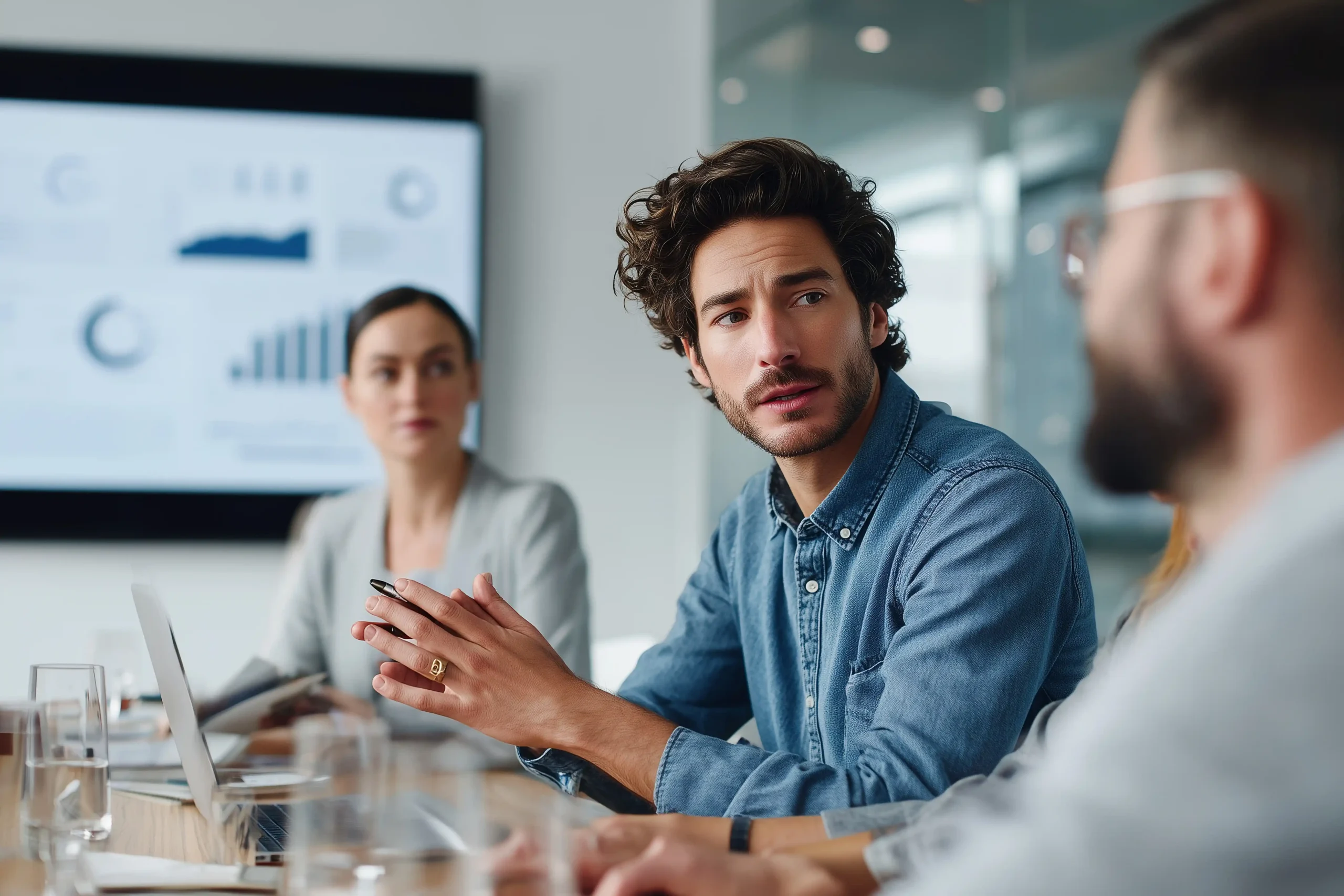 Team members discussing ideas and strategy during a business meeting in a modern office.