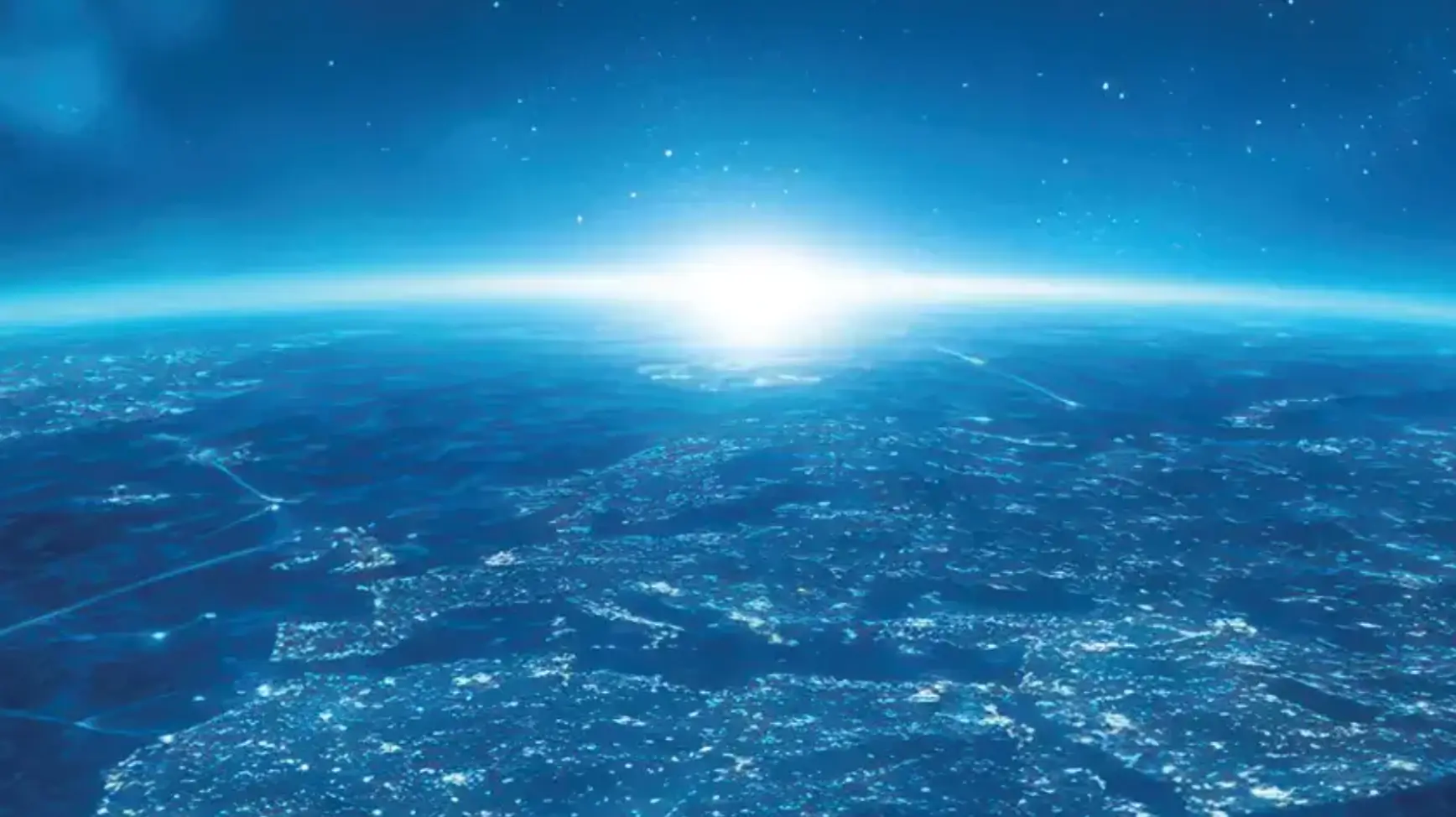 sun rising over the over a blue-tinted heat map, symbolizing a global network of retirement investment advisors